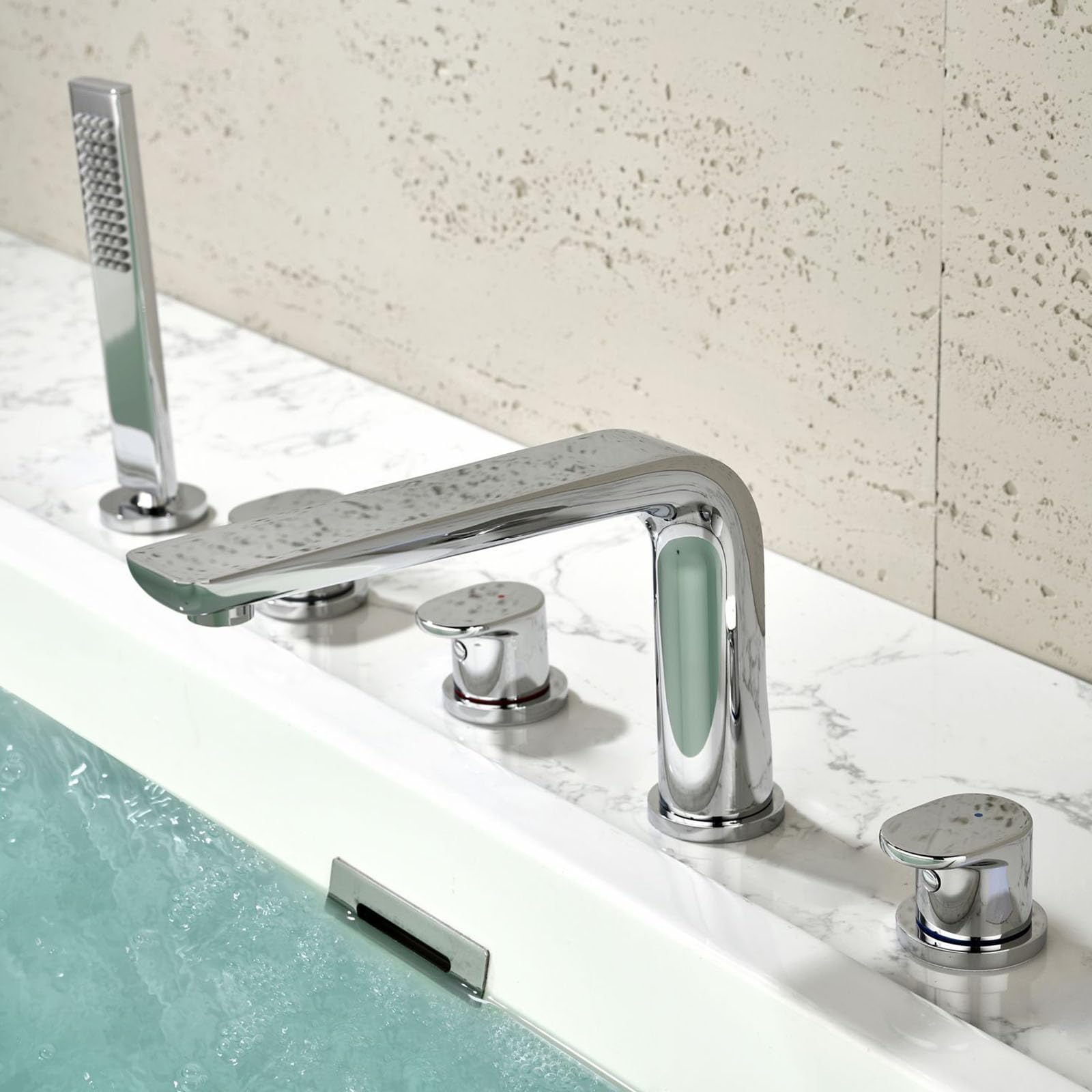 Grifo Bañera 5 Orificios Cromado con Ducha de Mano de Latón