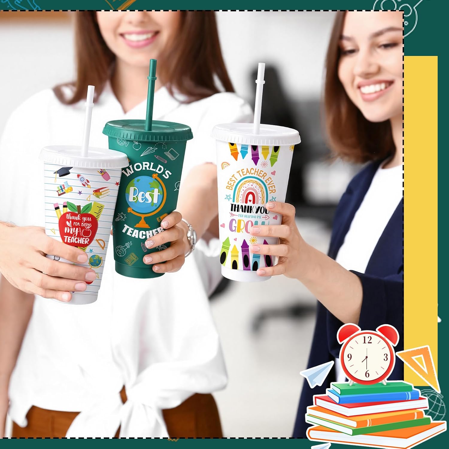 FoldTier 12 Pcs Teacher Appreciation Gifts Bulk, 24 oz Plastic Tumblers with Lids and Straws, End of Year Teacher Cups Gifts with 6 Thank You Designs for Back to School, Classroom, Staff Events