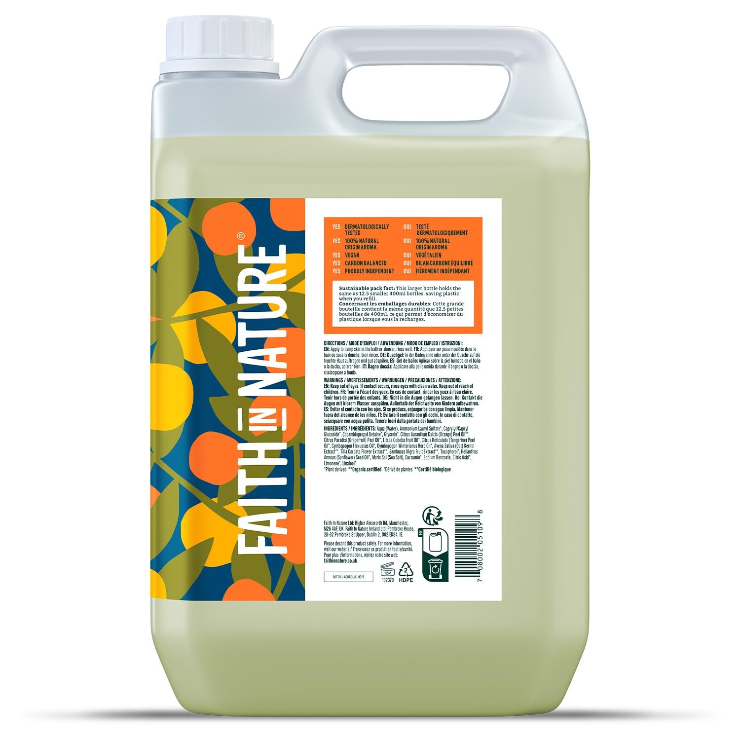 Faith In Nature Gel Doccia Naturale al Pompelmo e Arancia, Energizzante, Vegano e Cruelty Free, Senza SLS e Parabeni, Ricarica da 5 L