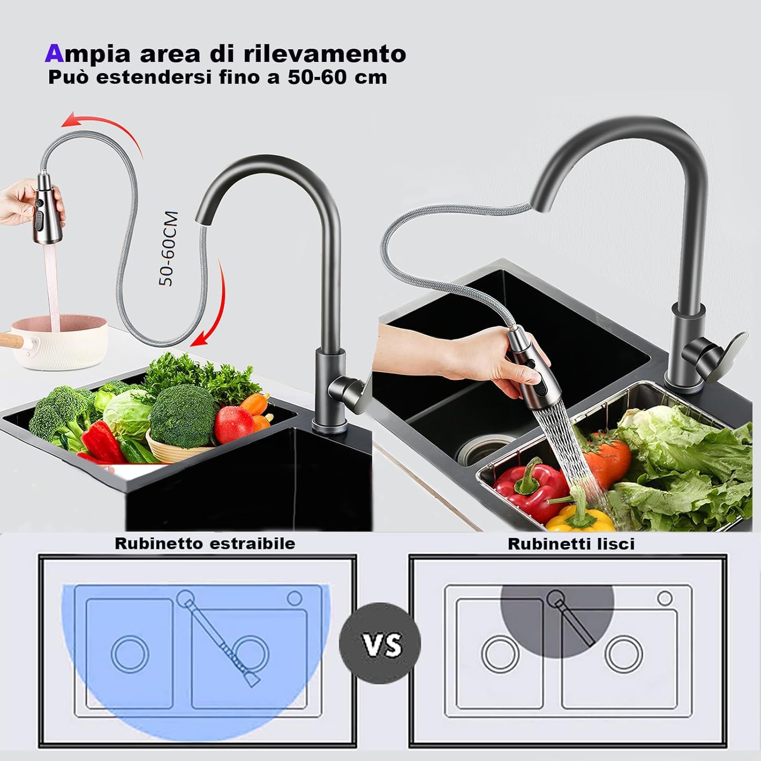 XWIHTR rubinetto da cucina estraibile a scomparsa, rubinetto da cucina girevole a 360°, miscelatore da cucina in acciaio inox a 3 modalità, rubinetto per lavello da cucina (nero - testa grande)