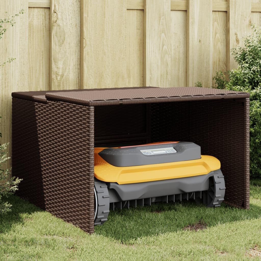vidaXL Robot Mower Garage, Outdoor Lawn Mower Storage, Garden Storage Small Shed for Lawn Mower, Robot Mower Carport, Lawn Mower Shelter, Brown Poly Rattan