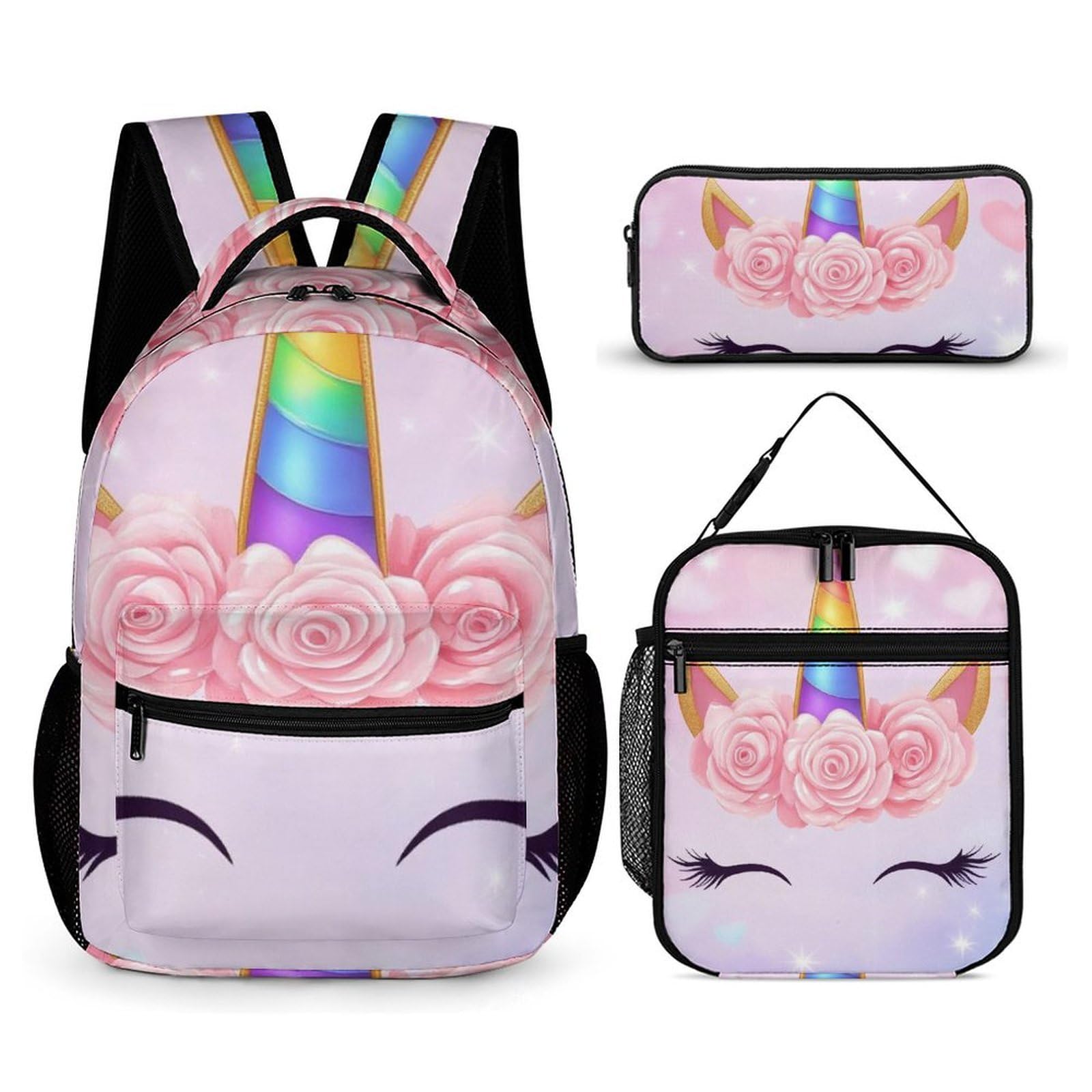 Ensemble sac à dos avec boîte à lunch et trousse de maquillage, idéal pour les voyages (motif licorne rose) (1