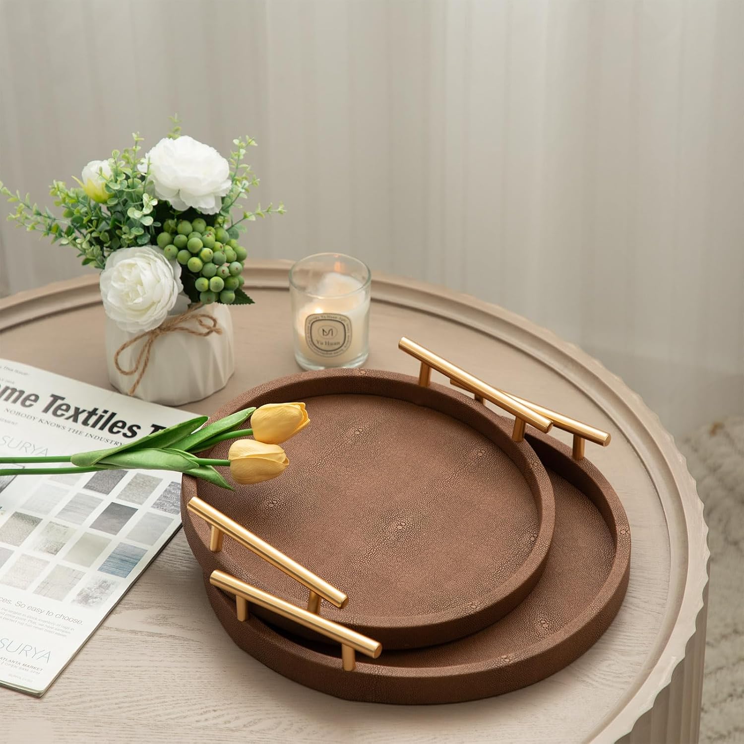 Set of 2 Round Shagreen Serving Tray, Modern Decorative Tray with Gold Polished Metal Handles, Coffee Table Ottoman Trays Perfume Trays Living Room Bathroom Home Decor (Brown) - Image 6