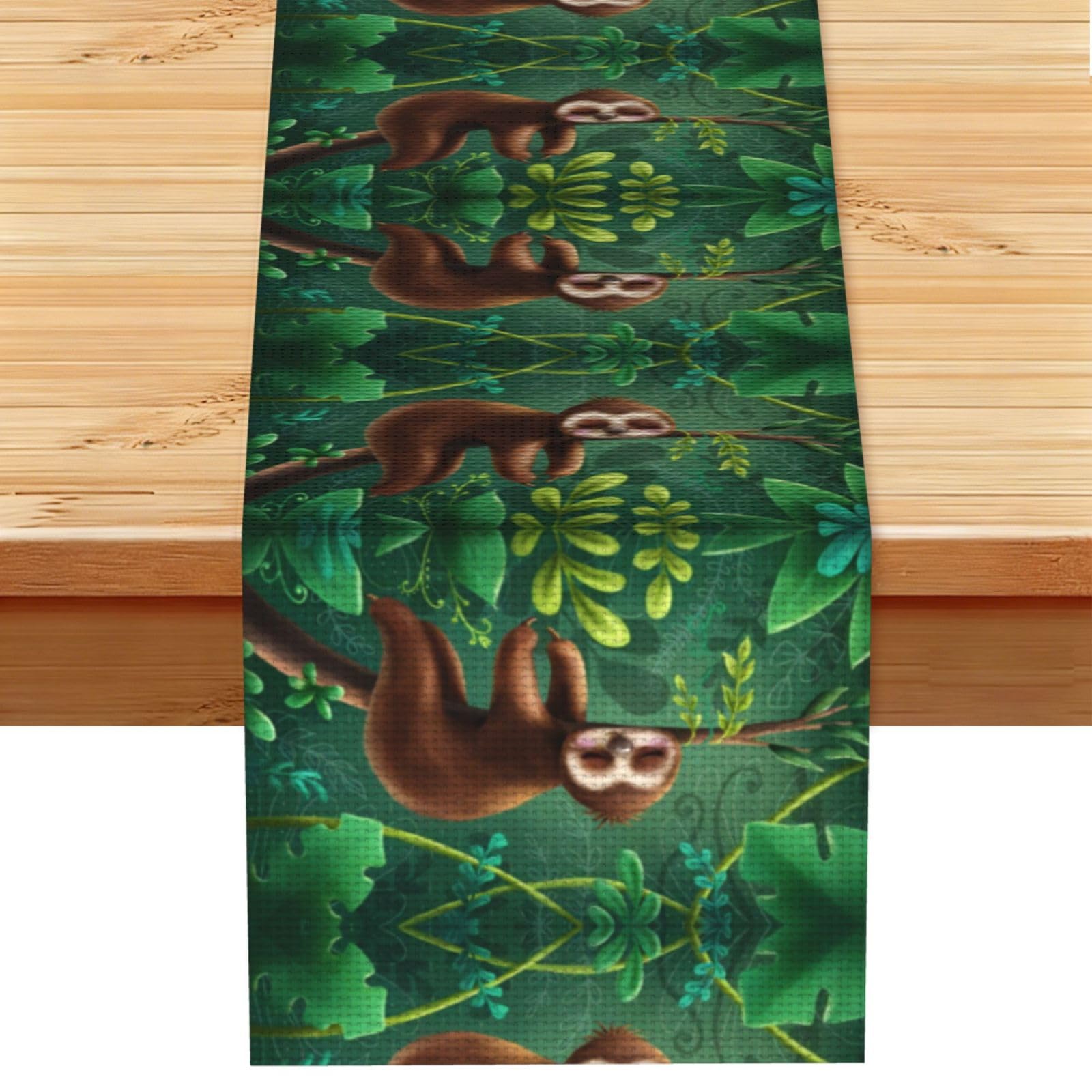 Cute Funny Sloth Relaxing on The Jungle Tree Linen Feel Table Runner Wedding Party Home Decoration