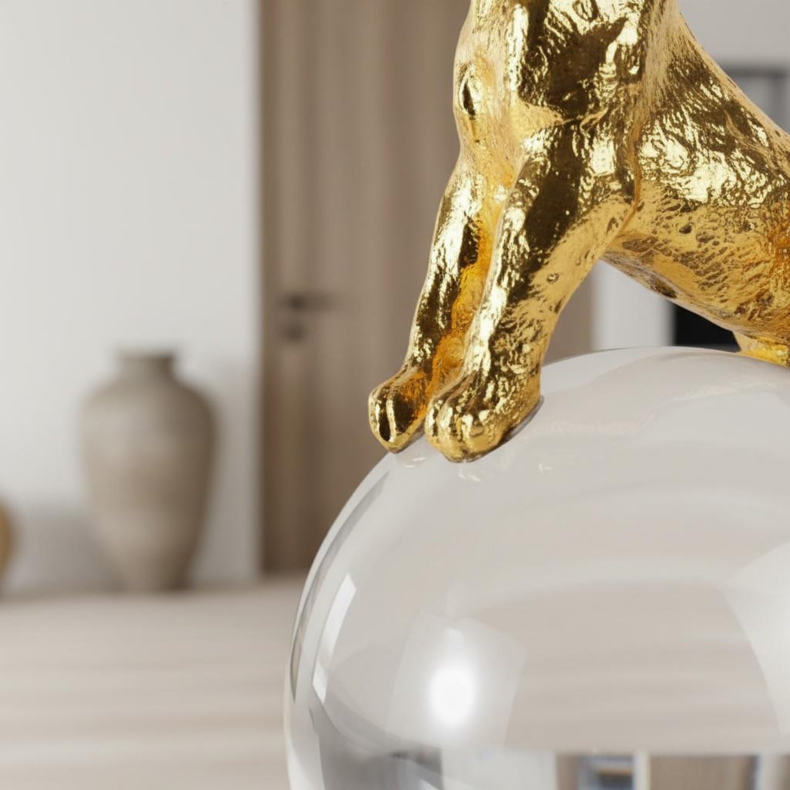 Escultura Decorativa Gato Estatua Figura Adorno en Esfera de Base de Cristal Acabado Pulido y Tallado Adecuada para Sala de Estar Entrada Estanterías Escritorio, Plateado