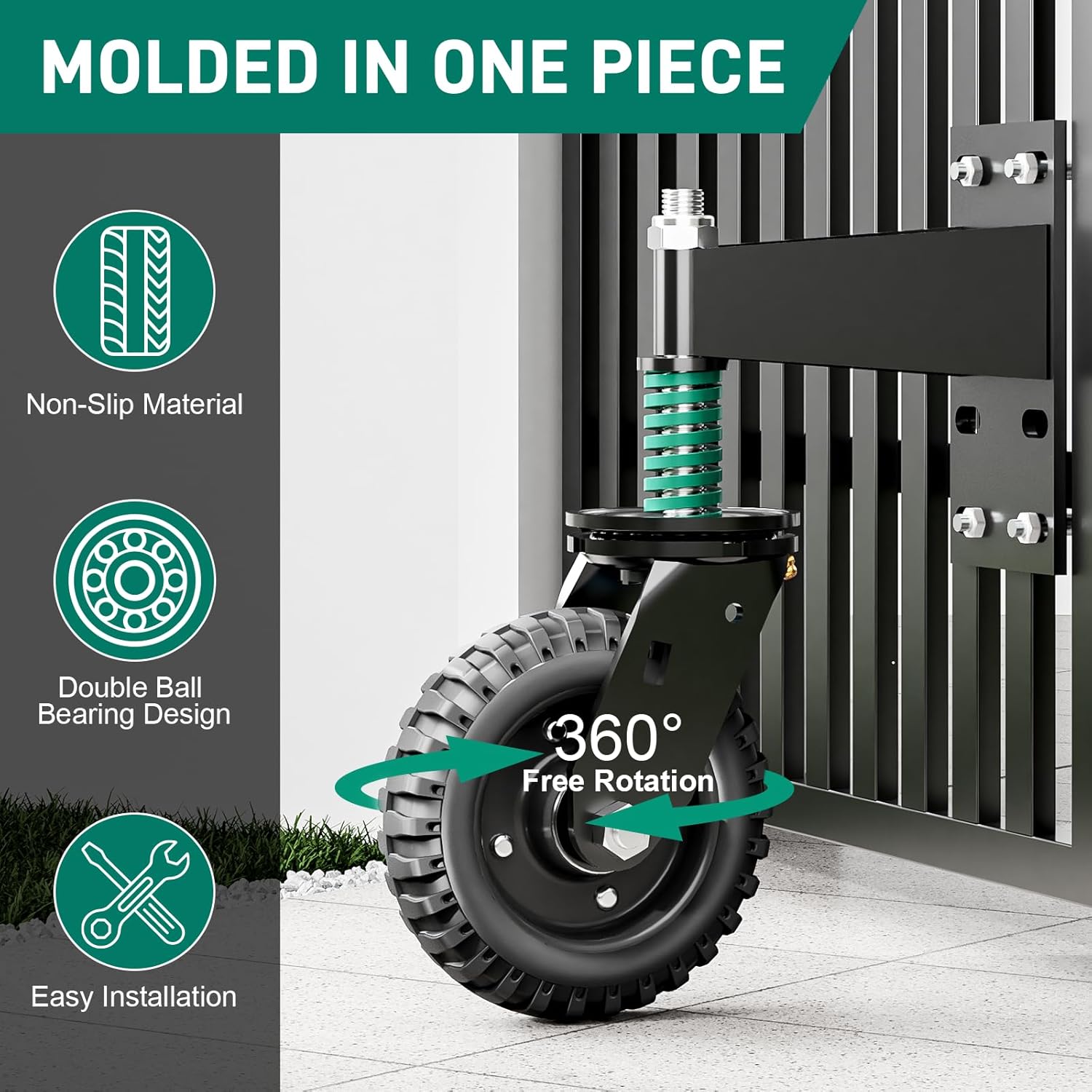 Heavy Duty Fence Gate Wheels, 6 Inch, Supports 550 lbs, Spring-Loaded 360 Degree Rotation Gate Caster Kit (2 Pack) - Black