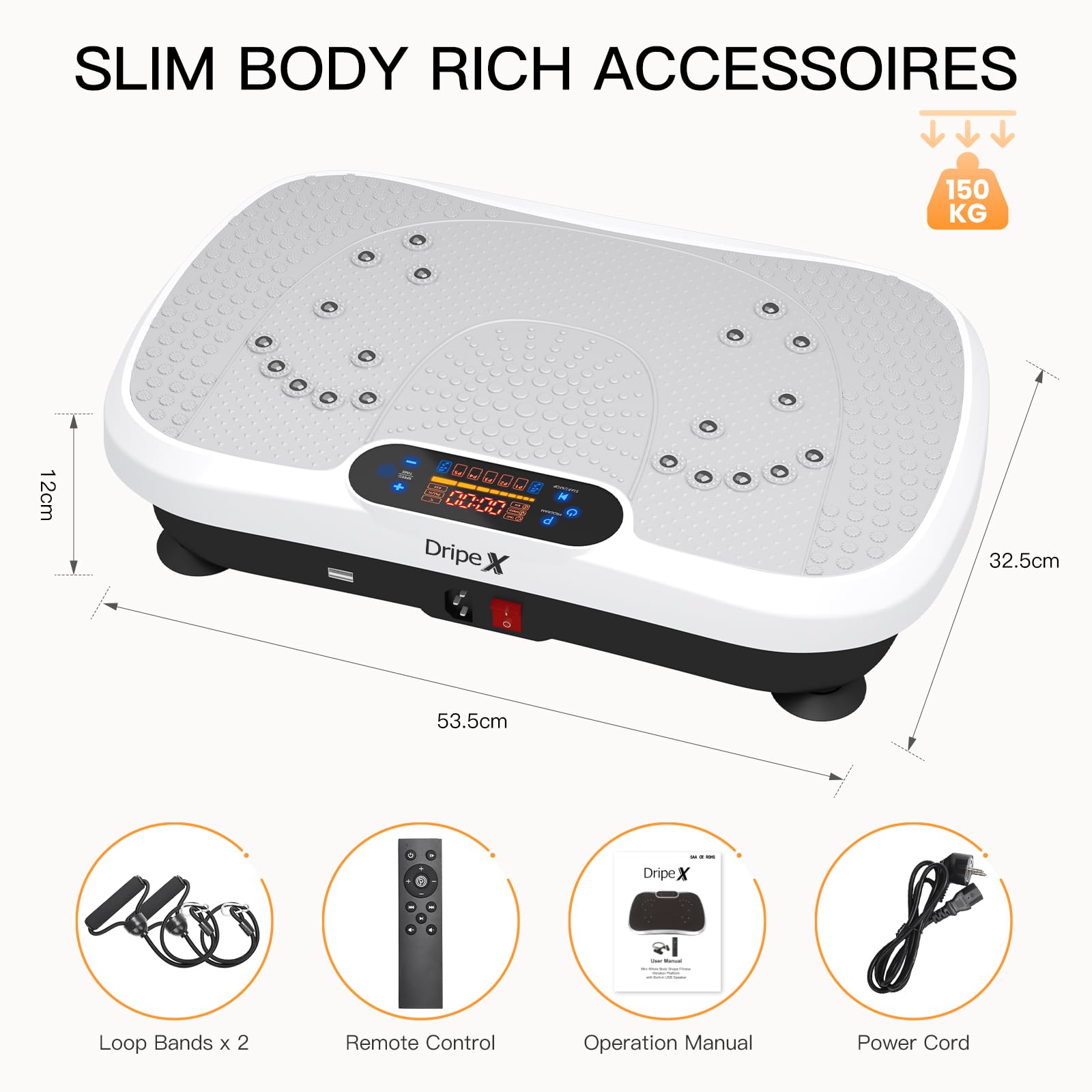 Dripex Piastra vibrante, dispositivo di allenamento 3D con 99 livelli di vibrazione, 5 programmi di allenamento, altoparlante Bluetooth, bande di allenamento