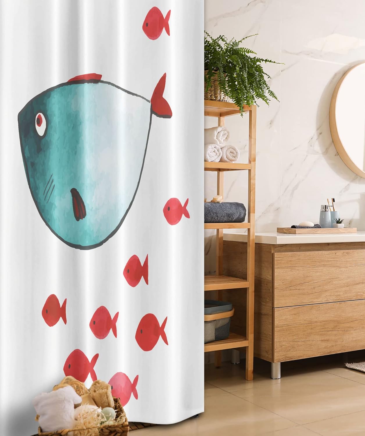 Ambesonne Cartoon Stall Shower Curtain, Fish Little Underwater Aquatic Life Girls Boys Theme, Fabric Bathroom Decor Set with Hooks, 36" W x 72" L, Vermilion Teal