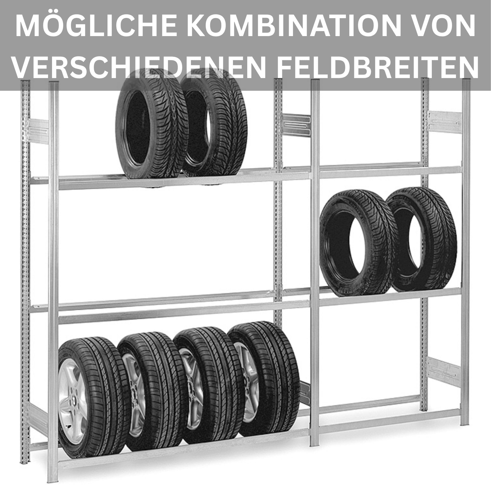 PROREGAL Reifenregal TIRE PRO Made in Germany | Komplettregal | HxBxT 200x450x43cm | 150kg Fachlast | bis zu 54 Reifen auf 3 Ebenen | Verzinkt | Reifenständer Garagenregal