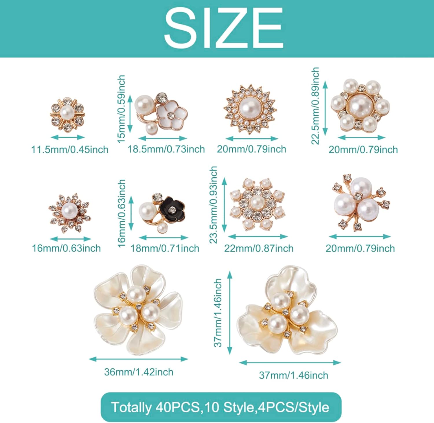 Cheriswelry 40Pcs Rhinestone Pearl Embellishments Flower Cabochons Alloy Flatback Crystal Cabochons 10 Styles 11.5-23.5mm for DIY Hair Clip Brooch Jewelry Making Crafts