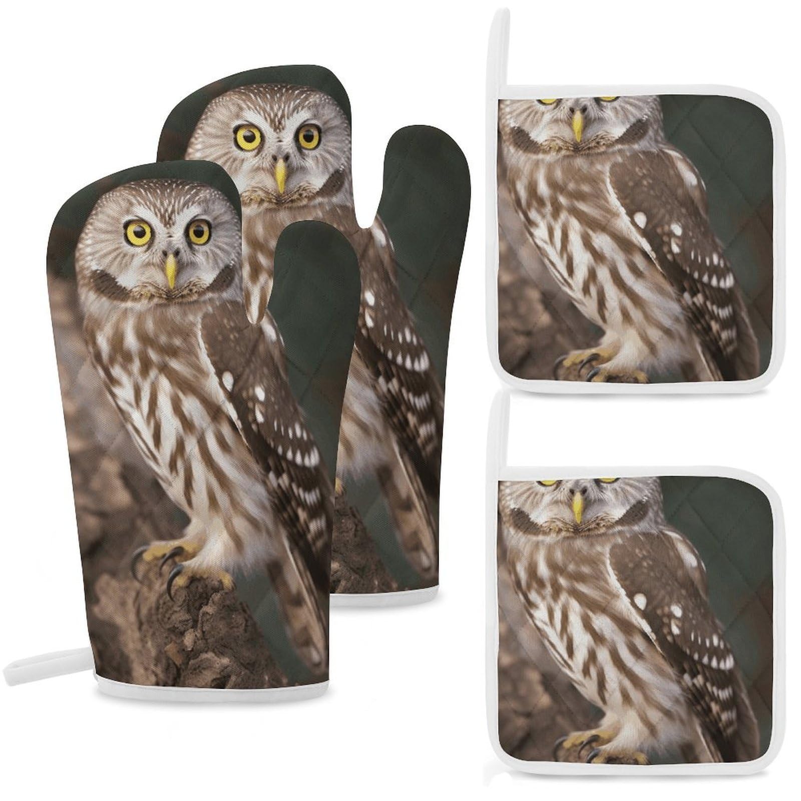 Oven Mitts And Pot Holders Sets of 4 Heat Resistant Kitchen Gloves Wildlife Owl Oven Mitts BBQ Gloves Cotton Lined Oven Gloves And Hot Pads Non-Slip Potholders for Kitchen Baking Cooking