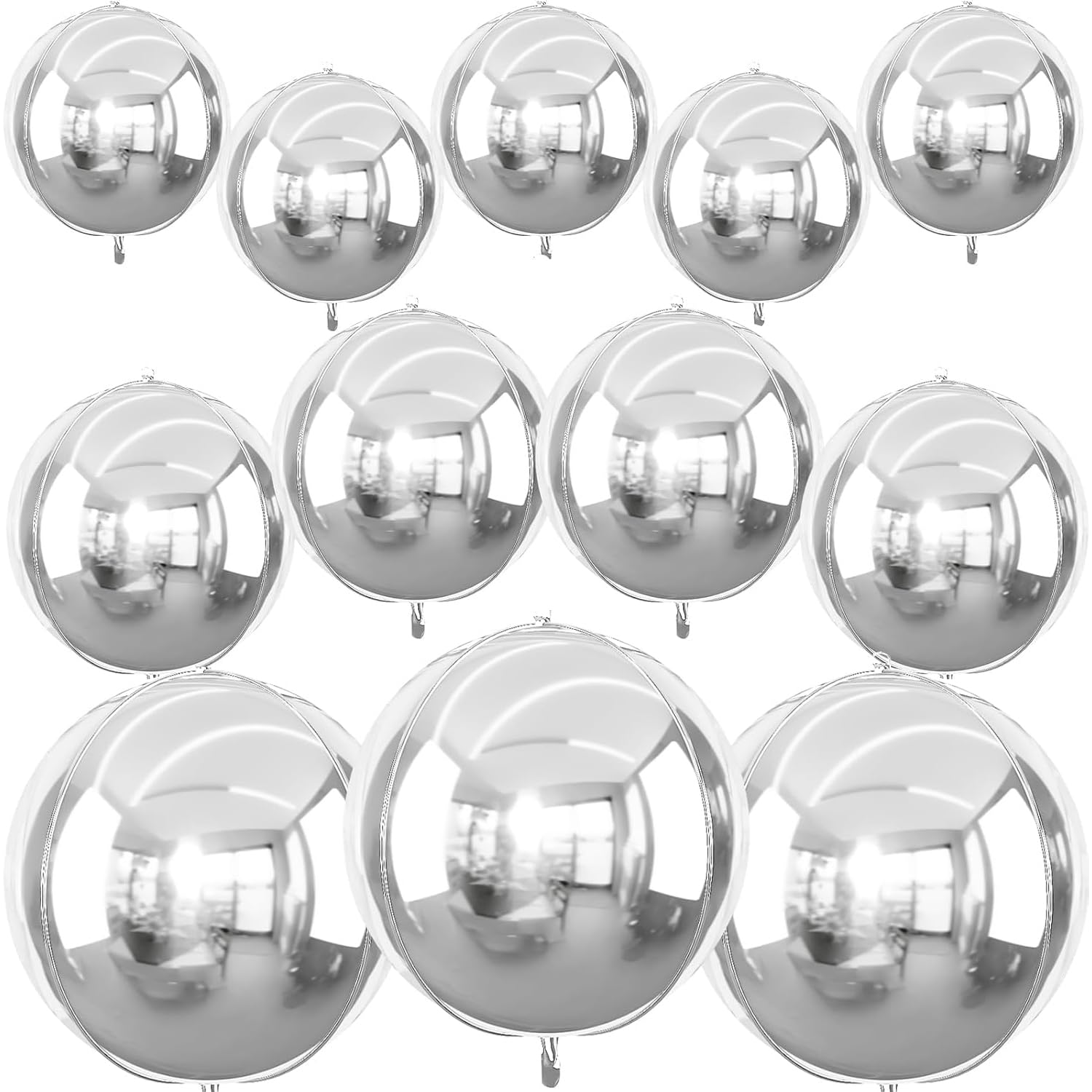 12Pcs Silver 4D Foil Balloons, 10" 15" 22" Metallic Ball for Birthday Christmas New Year Party Backdrop Decorations