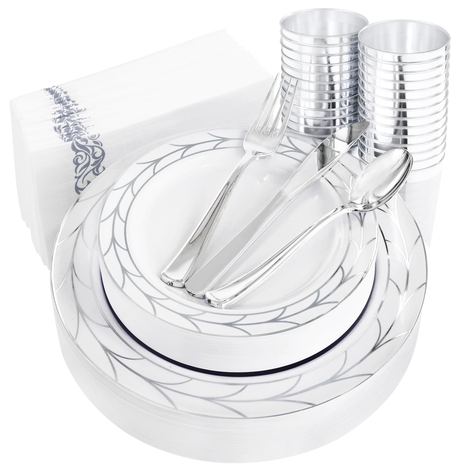 COLOSUS 175pcs Disposable New Year Plastic Plates and Silverware set, Include 25 Dinner Plate, 25 Dessert Plate, 25 Cup, 25 Napkin,75 Silver