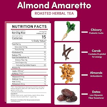 Teeccino Herbal Tea - Almond Amaretto - Rich & Roasted Herbal Tea That's Caffeine Free & Prebiotic for Natural Energy, 10 Tea Bags