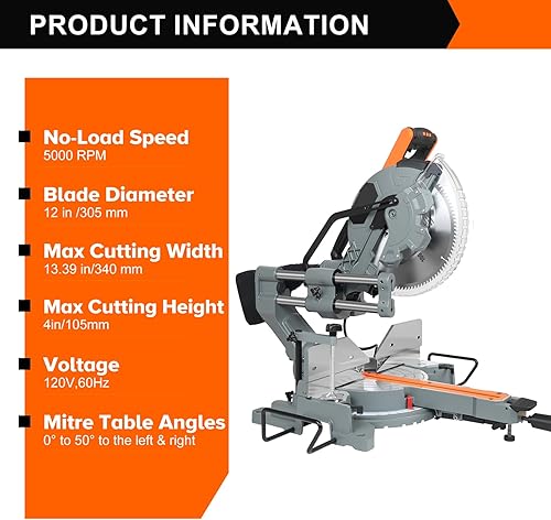 Miniatura 6 de Sierra ingletadora compuesta de 12 pulgadas, sierra ingletadora deslizante LAZYLAND 15A 5000RPM con doble bisel 0-45, luz de trabajo LED y bolsa de
