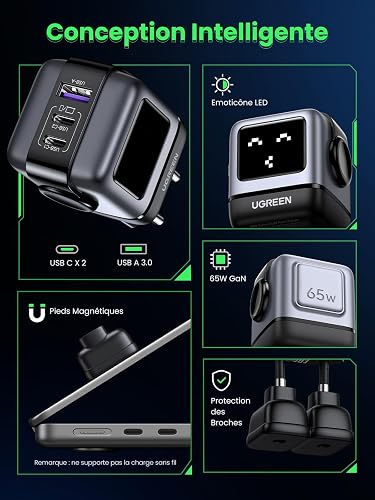 UGREEN Uno Caricatore USB C 65W GaN, Caricabatterie Robot a 3 Porte Carica Rapida Compatibile con MacBook PRO, iPhone 16 Plus Pro Max, Galaxy S24/S23, Pixel 8, Steam Deck, ROG Ally ecc Nero - 4