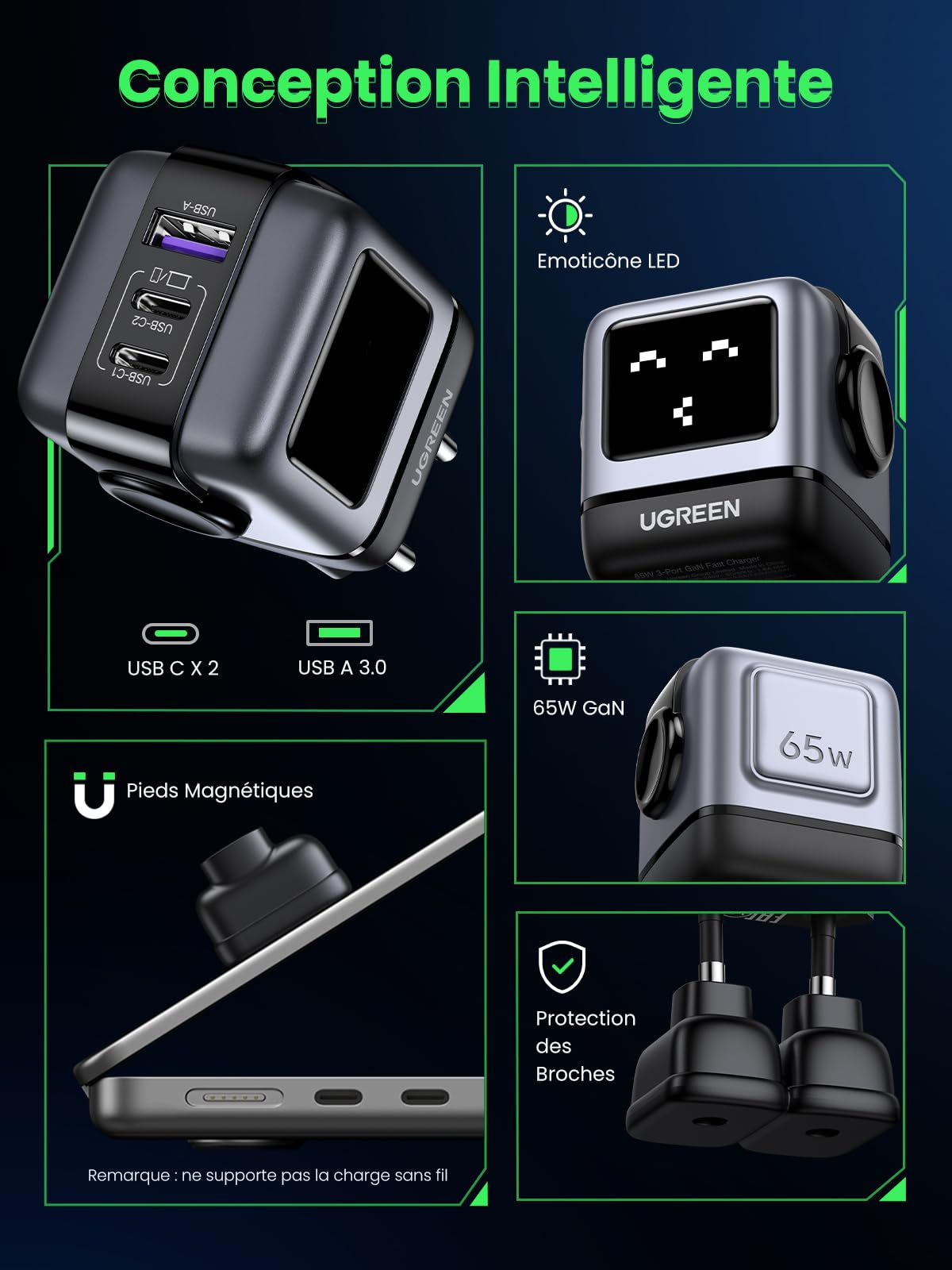 UGREEN Uno 65W 3 Ports Chargeur USB C Rapide GaNFast en Forme de Robot Mignon Compatible avec iPhone 17 Pro Max Air 16 15 14 13 Pixel Galaxy PSS 45W 25W S25 S24 S23 iPad MacBook Pro Air (Noir)
