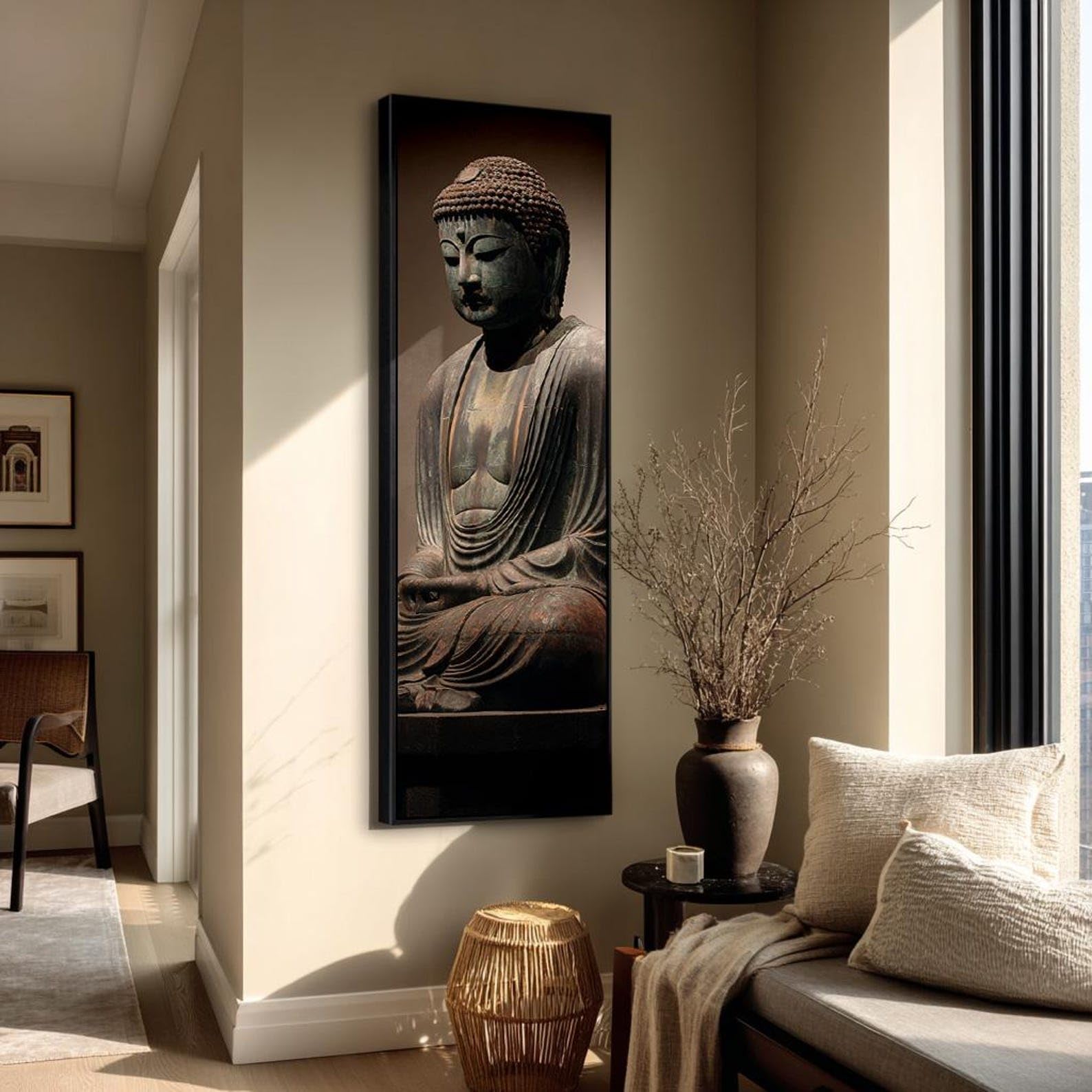 XINBAO Pionowy obraz na płótnie Budda, wysoki wąski obraz medytacyjny, nowoczesna dekoracja do studia jogi zen (40 x 120 cm/wewnętrzna rama)