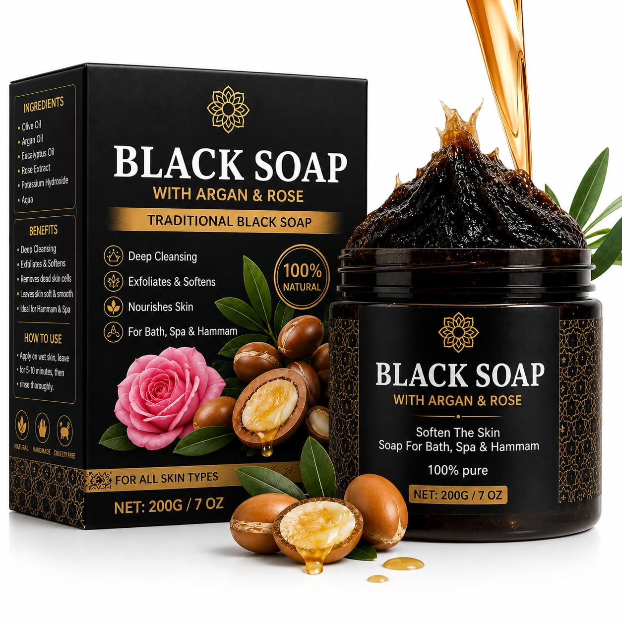 Black Soap with Argan & Rose 200g – Natural Organic Body Scrub for Deep Cleansing, Exfoliating Hammam Soap, Dead Skin Remover, Spa Treatment for Soft & Glowing Skin-image-11