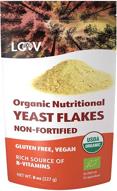 LOOV Organic Non-Fortified Nutritional Yeast Flakes, Nooch, Toasted, Vegan, Non-GMO, Gluten Free, Good Source of B-Vitamins, 227 Grams, No Added Vitamins, No Added Sugar, Resealable Bag