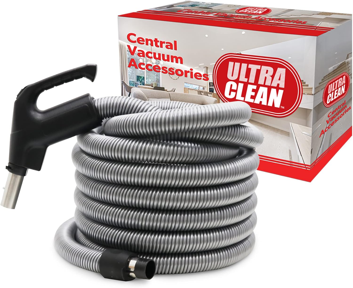ULTRA CLEAN Central Vacuum TOP QUALITY Electric Hose - Designed to fit Most Brands like Beam, Electrolux, Eureka, Kenmore, Nutone, Allegro, OVO, Prolux and more (30ft, Direct Connect, Silver)