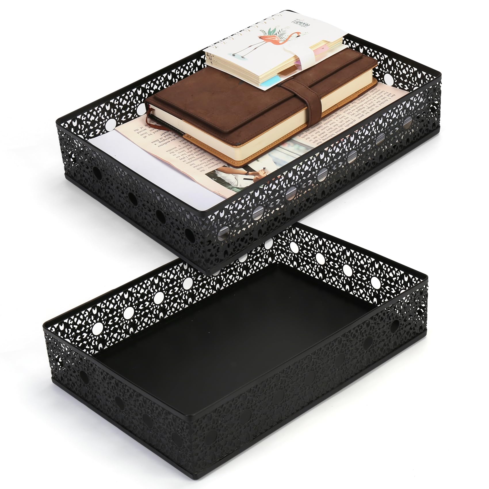 Desk Drawer Organizer, A4 Large Metal Mesh Desk Organizer Tray, Carved Hollow Floral Desk Letter Tray, Versatile Storage