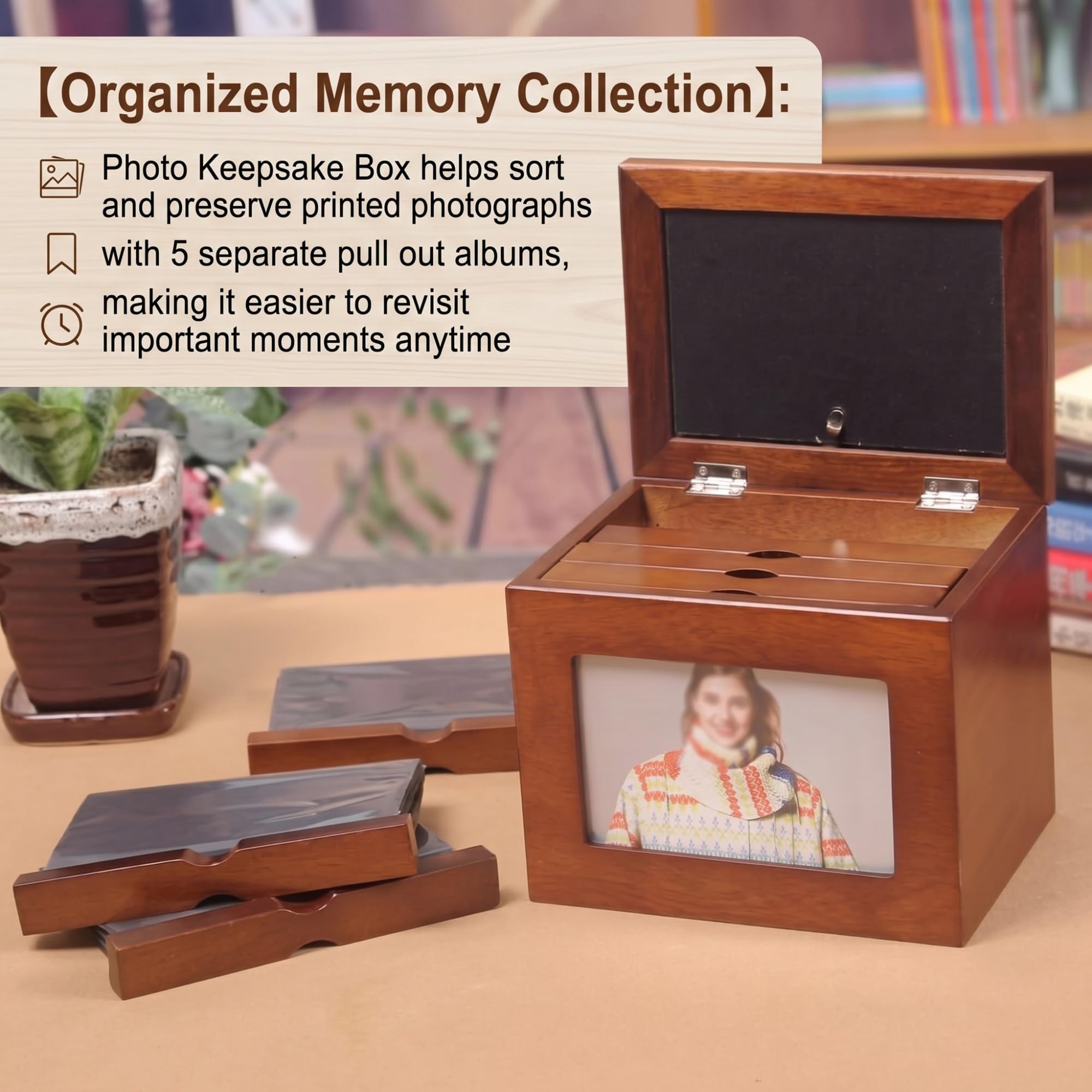 Caja de almacenamiento de álbum, caja de recuerdos de madera con 5 álbumes de fotos extraíbles para fotos de 6 x 4 pulgadas, capacidad para 100 fotos, marco de fotos para decoración del hogar