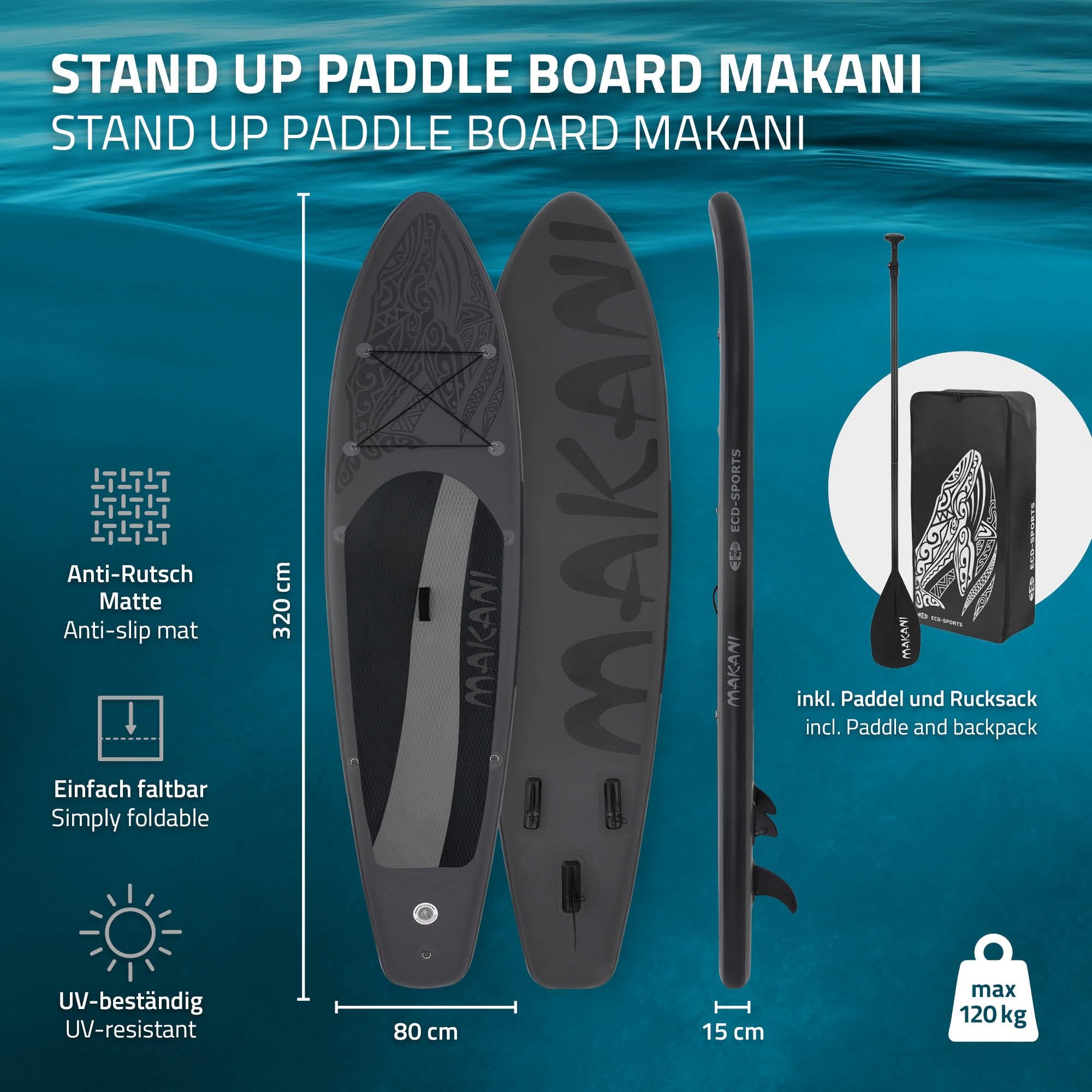 ECD Germany Stand Up Paddling Board 305/308/320/380cm, bis 120/150kg, Dicke 10/15cm, Kajaksitz, Komplett Set Tasche, Aufblasbare SUP Board Stand Up Paddle Board Paddelboard Surfbrett, Diverse Modelle