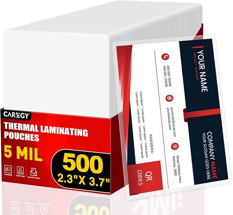 CAREGY 500 Count Thermal Laminating Pouches,5Mil,Hold 2 x 3.5 inch | Business Card Laminate Pouches for Laminator, Clear Lamination Paper Protection 2.3 x 3.7 inch, Round Corner, Home & Office