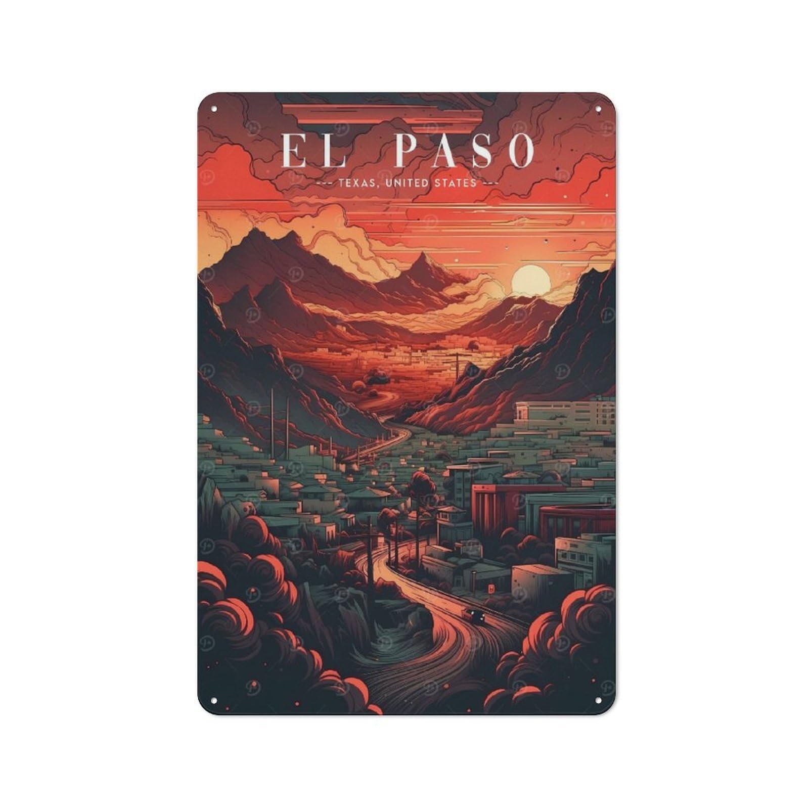 Junmoney Style-17 El Paso Skyline Cityscape Retro Metal Wall Decor 30X20cm, Vintage Metal Sign For Cafe, Pub, Workshop Or Home Bar