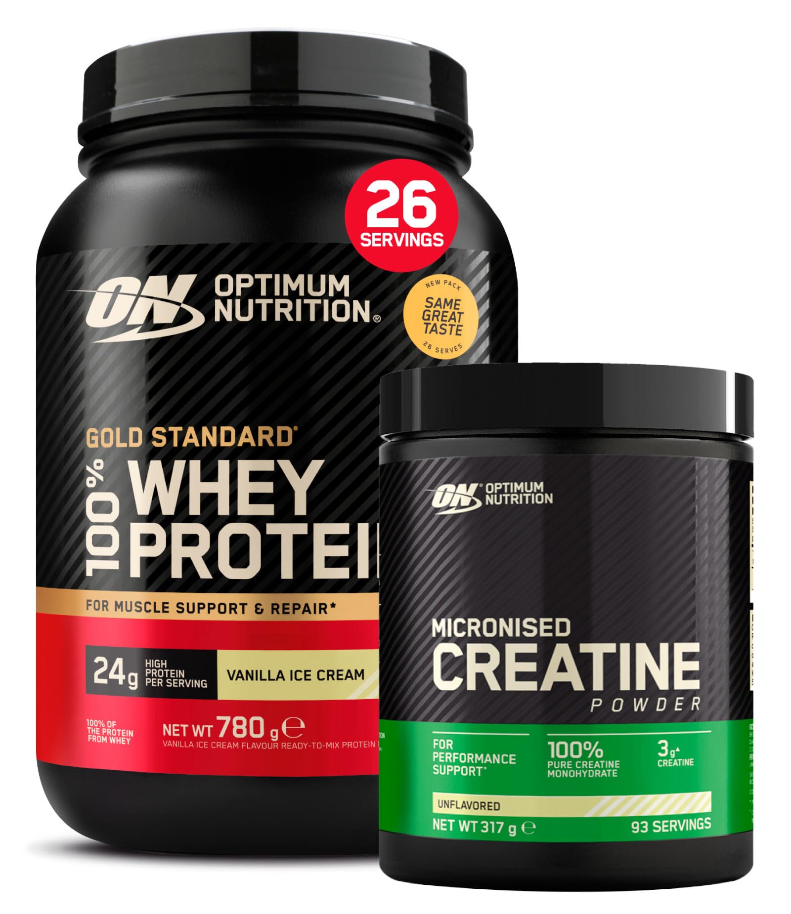 Optimum Nutrition Gold Standard 100% Whey Proteine in Polvere e Aminoacidi Gelato alla Vaniglia 780g 26 Porzioni + Micronised Creatine Monohydrate Performance Non Aromatizzata 317g 93 Porzioni