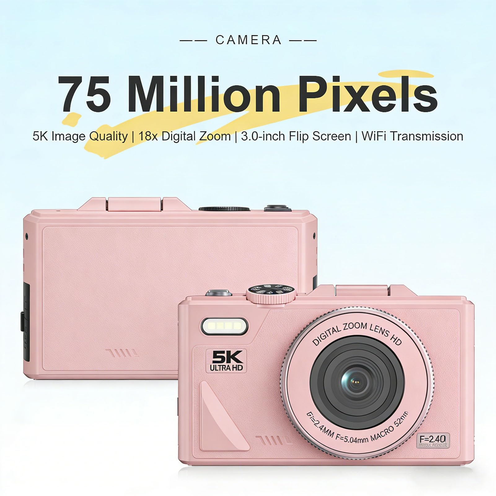 LICAEVEY Fotocamera Digitale 5K da 75 MP con Zoom 18X e Messa a Fuoco Automatica, Fotocamera Mirrorless per Fotografia, per Vlogging HD con Schermo Ribaltabile, Stabilizzazione Multipla, retrò per