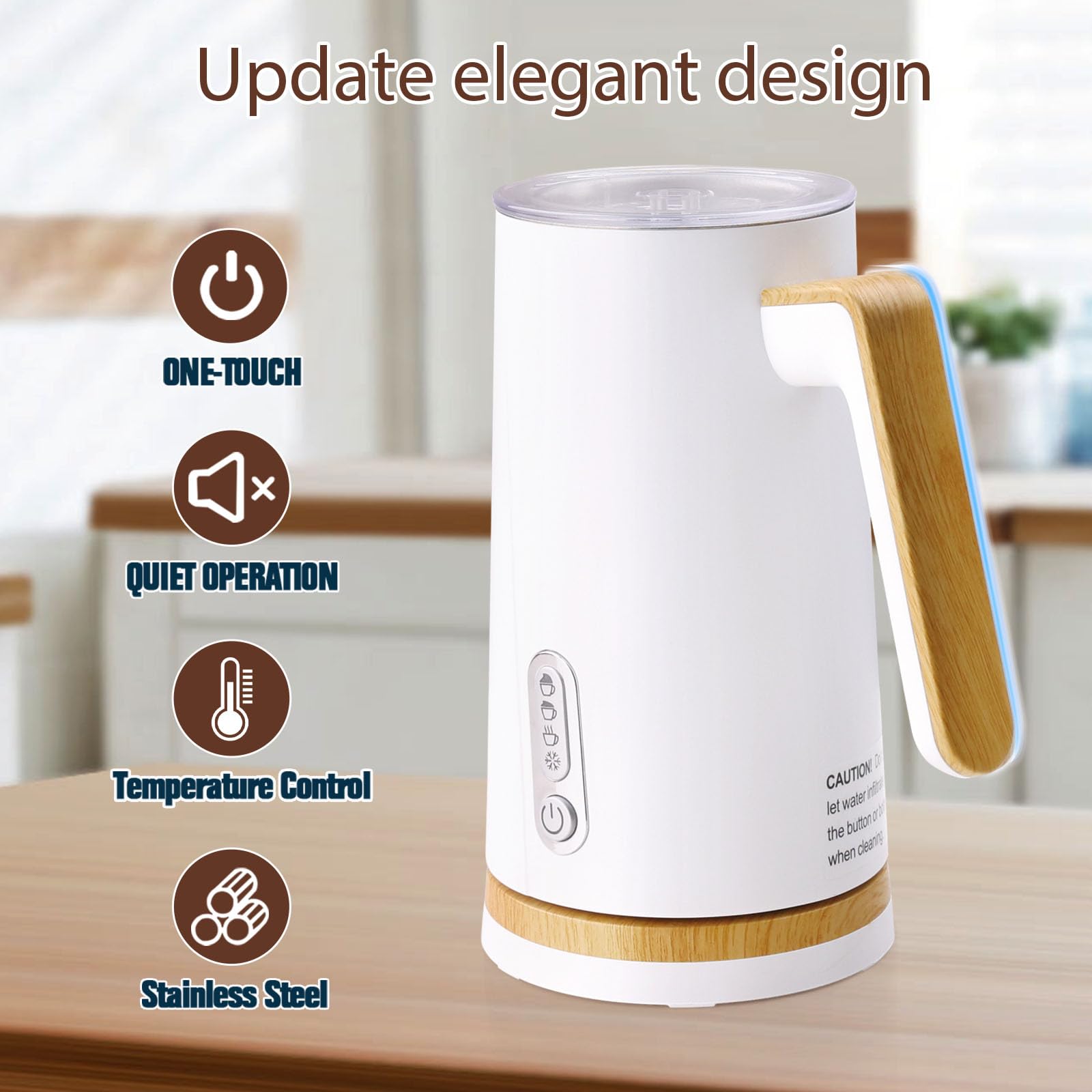 Elektryczny spieniacz do mleka i parowar 4 w 1 z elementami drewnianymi, automatyczny zaparzacz do gorącej i zimnej pianki do latte, cappuccino, macchiato, podgrzewacza do mleka, czarny (biały)