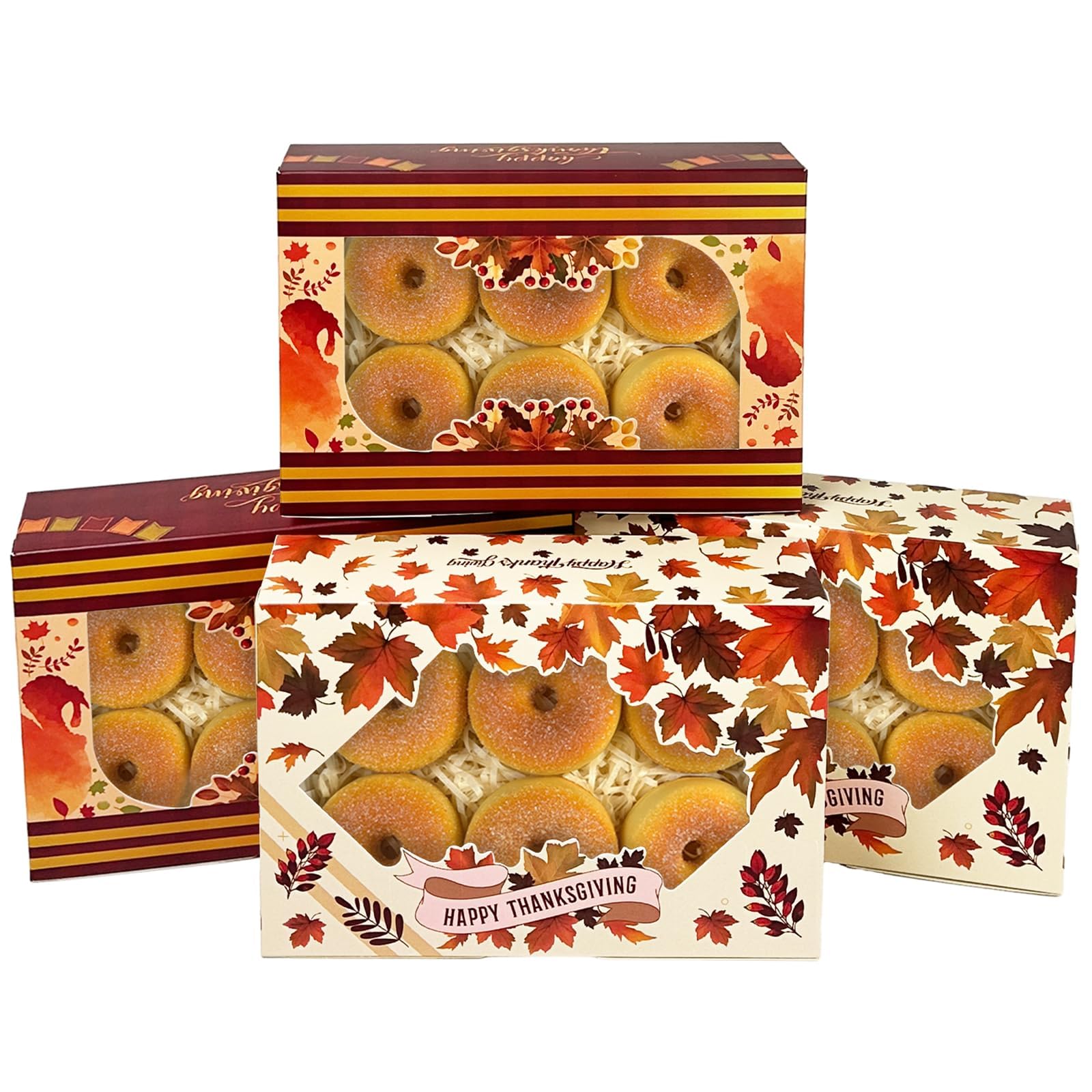 qiqee Caja de galletas de Acción de Gracias con ventana de 9 x 6 x 2.5 pulgadas, 15 unidades, para pastelería, macarrón, hojas de Acción de Gracias, caja de panadería para el día de Acción de Gracias