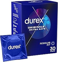 Durex Originals Extra Safe, 30 Condoms, Regular Fit, With Silicone Lube, Easy on Shape, Teat Ended, Increased Thickness, Natural Latex
