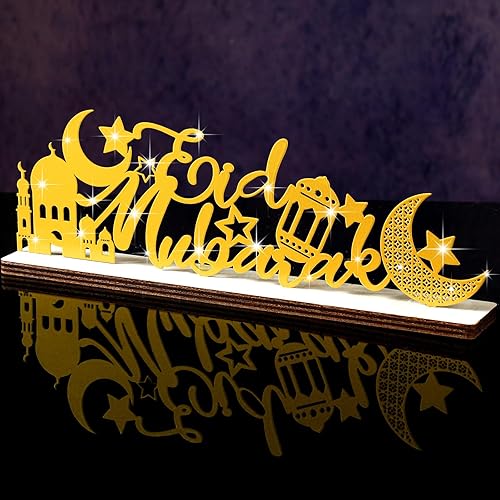 Landhoow Decoración de mesa de Eid Ramadán de 12.99 x 4.72 pulgadas, letrero de Ramadán Mubarak Kareem, decoración de Ramadán, letrero de Eid