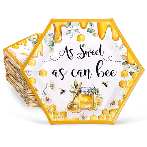 Whaline 50Pcs World Bee Day Paper Plates Watercolor Honey Hexagonal