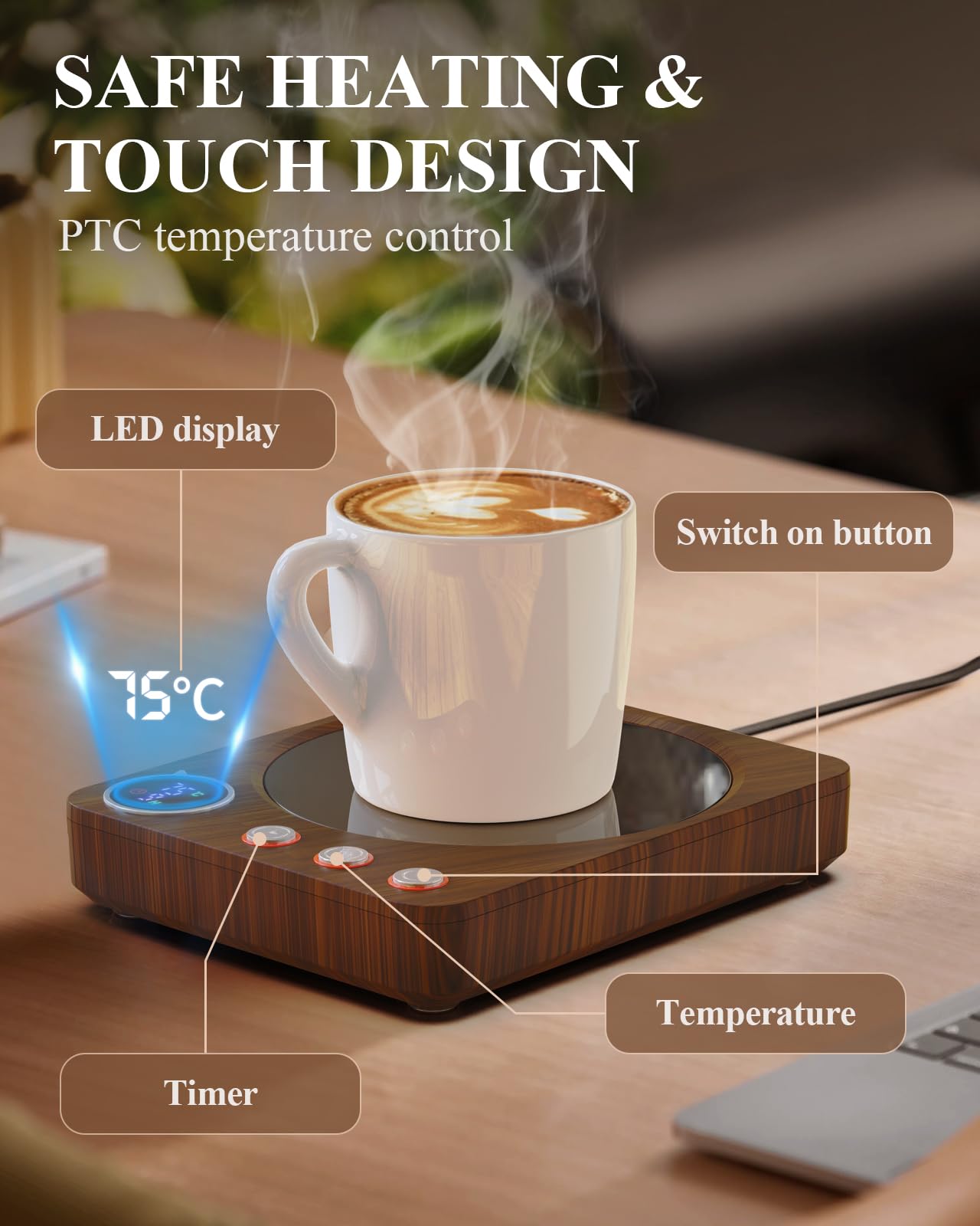 HOMEASY Calentador de Tazas, 30W para Tazas Eléctrico con 3 Configuraciones de Temperatura 4H Apagado Automático para Escritorio Agua Caliente Té Leche Calentador Regalo Marrón