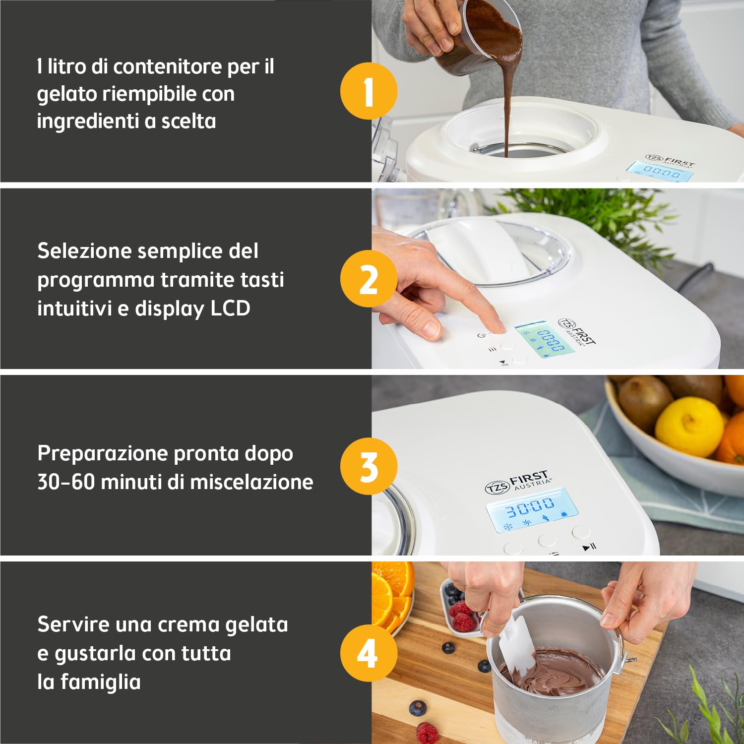 TZS First Austria - Gelatiera 1L con Compressore 3-in-1-100W Macchina per Gelato Autorefrigerante per Frozen Yogurt, Sorbetti e Gelato - Bianco
