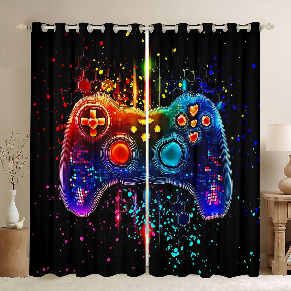 Homemissing Game Consoles Boys Curtains for Bedroom Living Room Honeycomb Gaming Blackout Shades Cool Gamer Room Darkening Curtain Window Treatments,2 Panels W46*L72 Decor