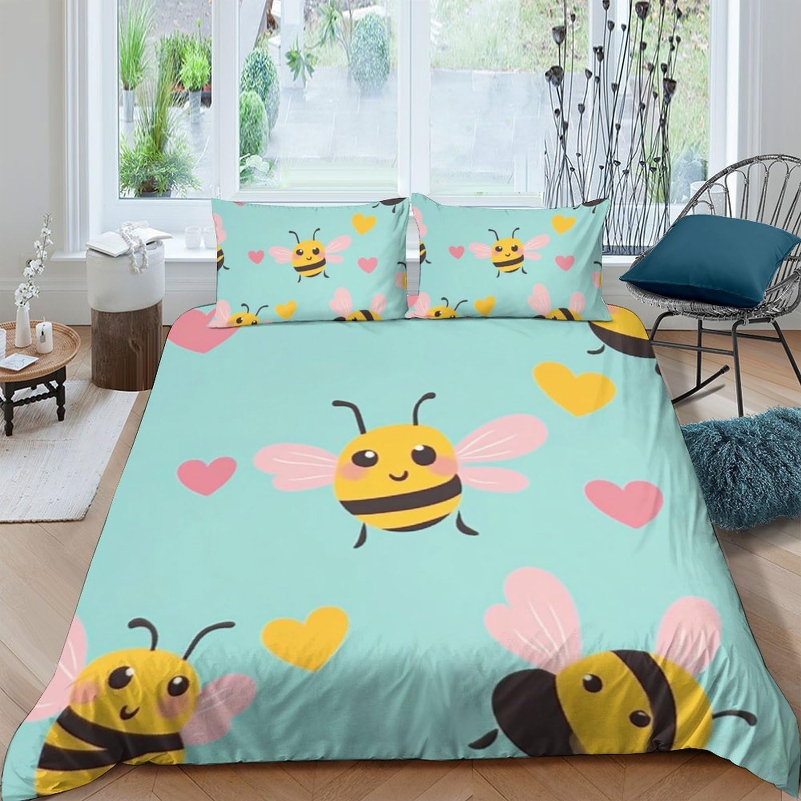 Ctjqhvkz Style-1 3D Printed Cute Bee Heart Fitted Sheet Microfiber Turquoise Bed Cover For Bedroom Guest Room Mattress Decor Single（135X200cm）