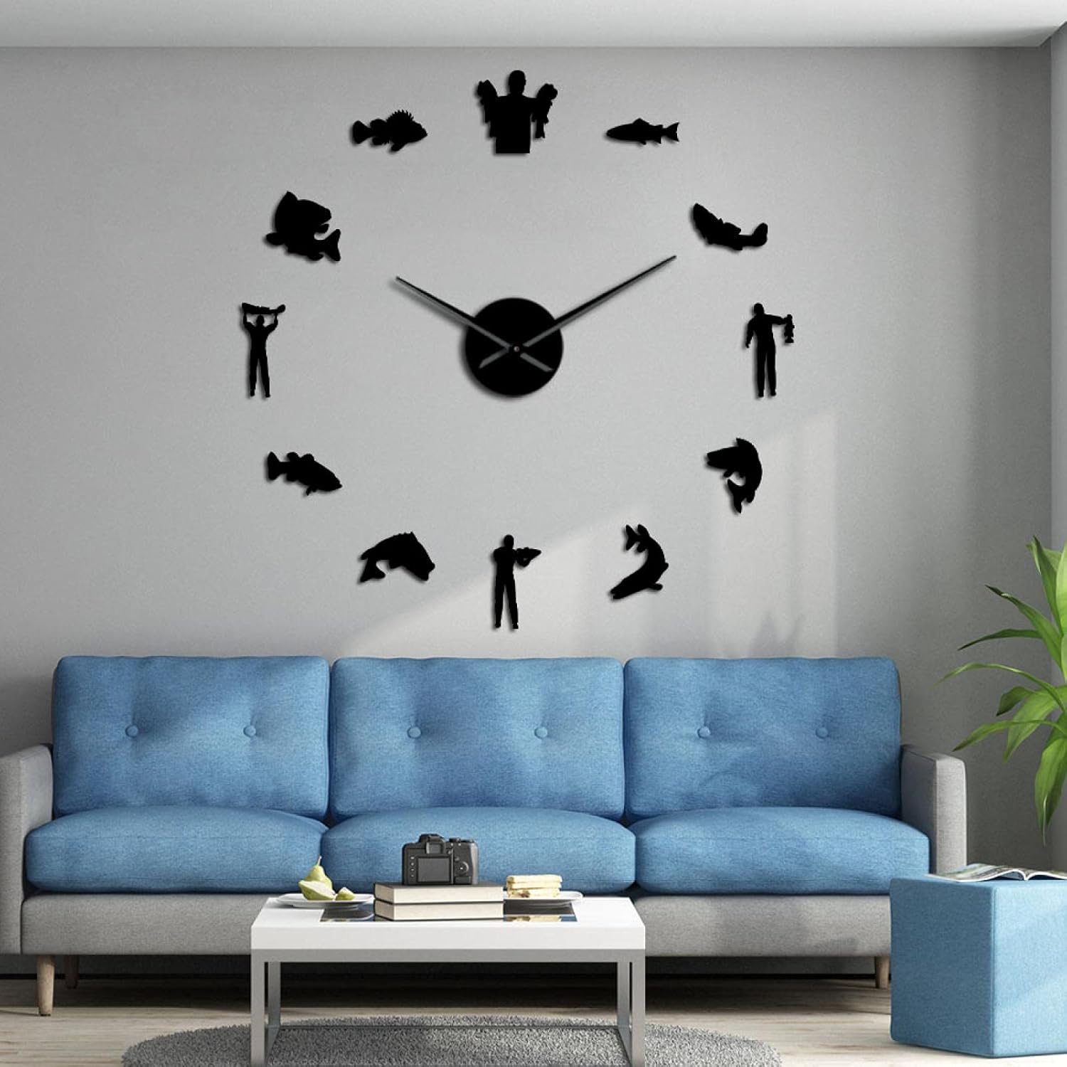 DIY Wall Clock Black Fishing Stickers Wall Art Fisherman