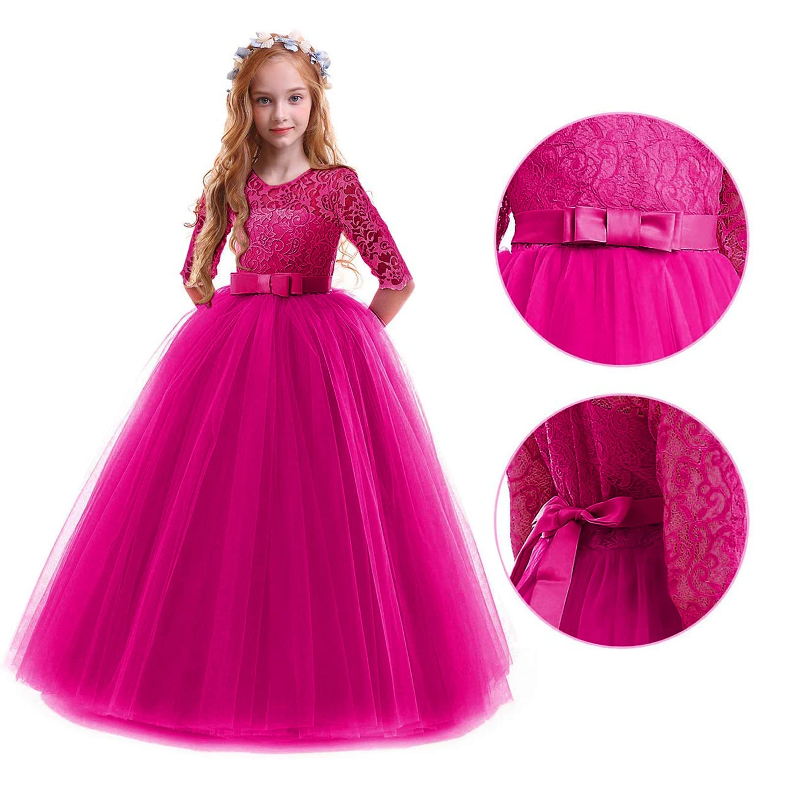 Mädchen Kleider Festlich Blumenmädchen Hochzeitskleid Elegant 3/4 Arm Spitzenkleid Brautjungfer Tüllkleid Prinzessin Kleinkinder Geburtstagskleid Weihnachten Karneval Abendkleid Partykleid