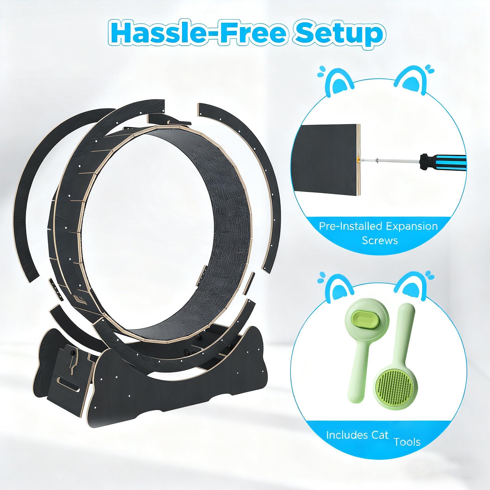 Rueda de Ejercicio para Gatos, Rueda Grande de 104 cm/117 cm para Gatos de Interior, Rueda para Correr con Alfombra Desmontable y Juguete para Correr, Caminar Entrenar, Adecuada Black-L