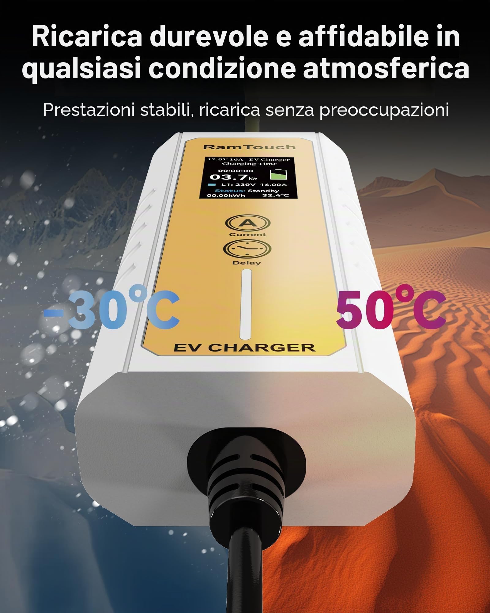 Caricabatterie da Auto Elettrico (3,7 KW, 8,5 m, Tipo 2, Schuko) - Cavo di Ricarica con amperaggio Regolabile 6A-16A, Ricarica ritardata e Programmata, terminale di Ricarica Mobile per EV e