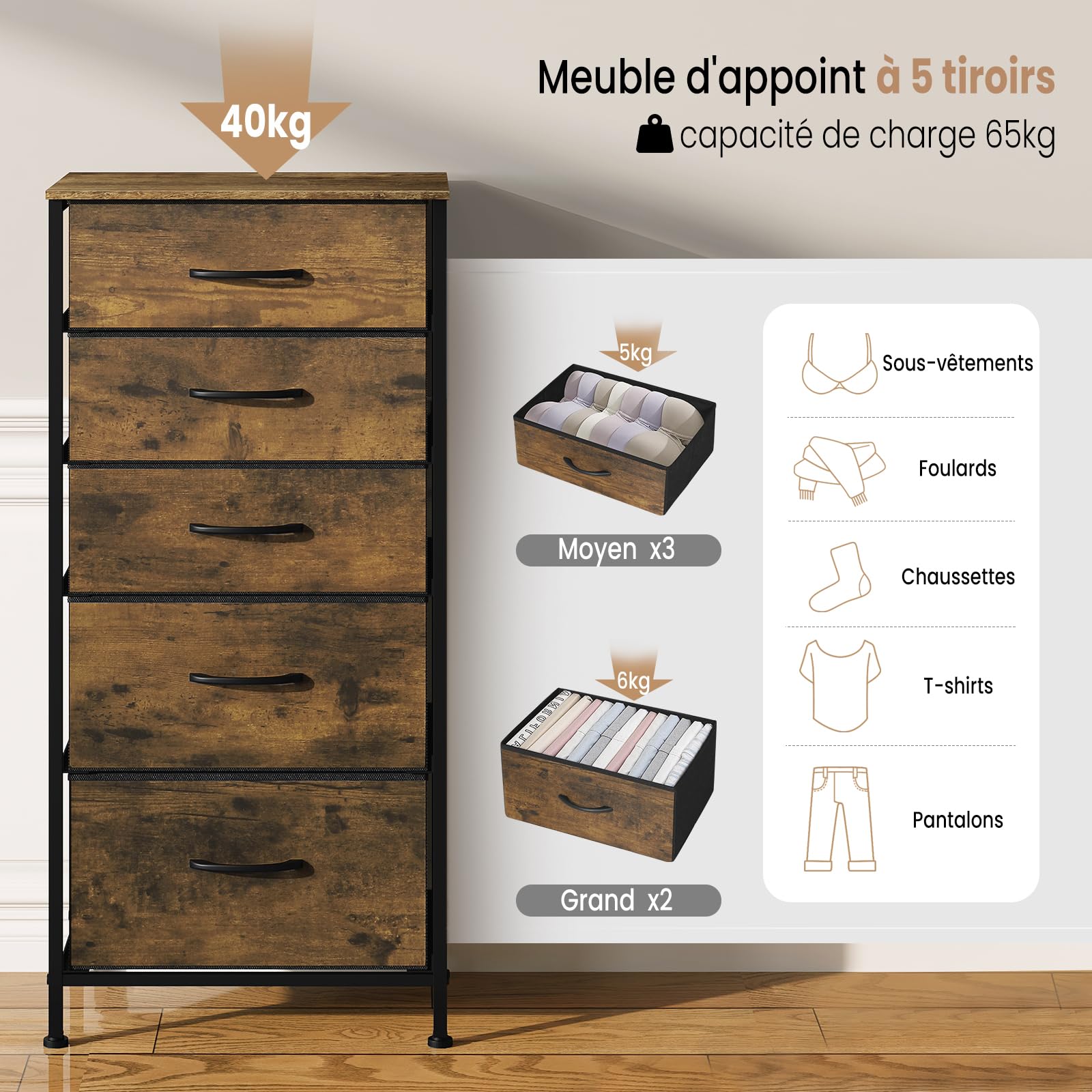 WOLTU Commode, Meuble de Rangement, avec 5 Tiroirs en Tissu, en MDF Cadre en métal, Marron Rustique, Style Industriel Vintage, SSK004hov