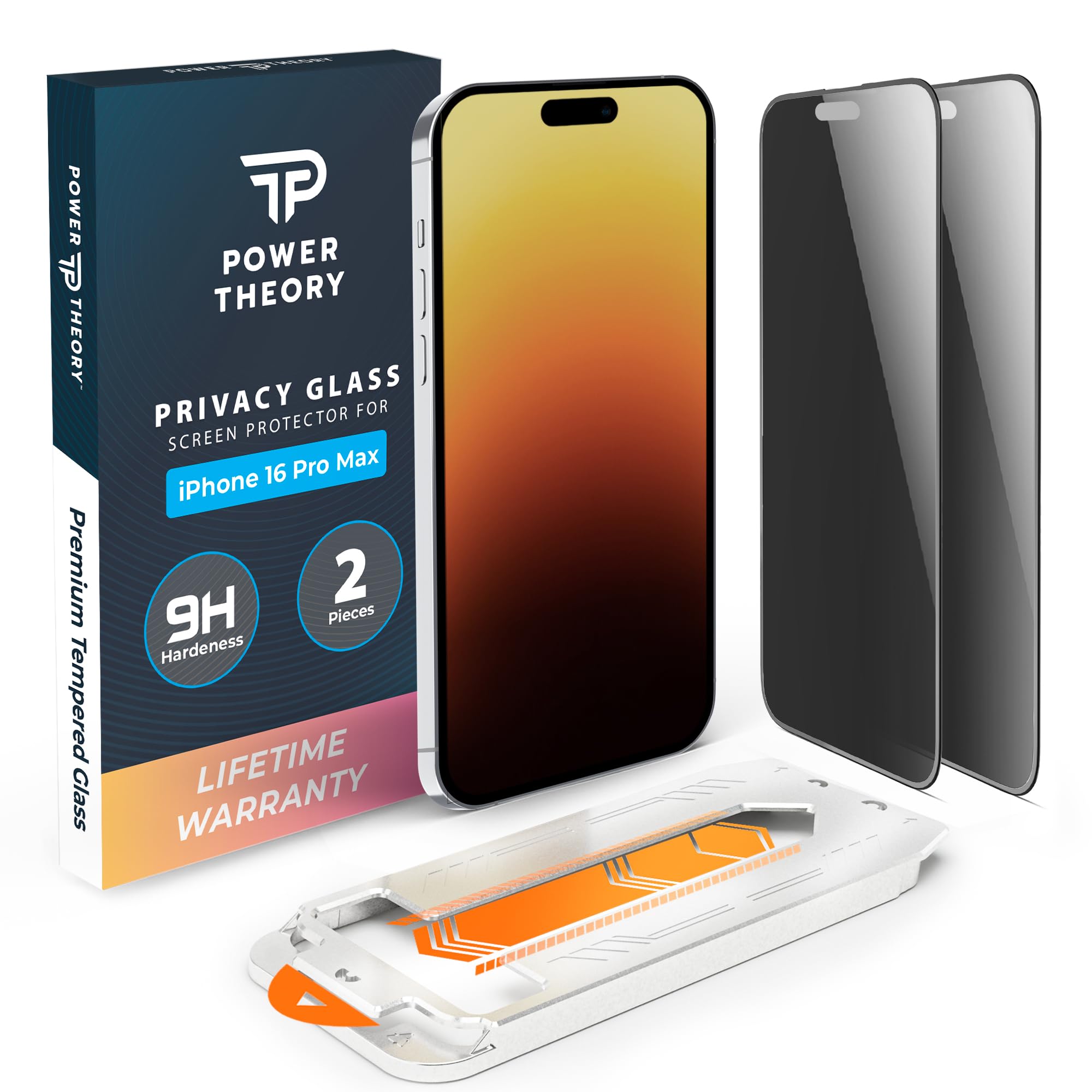 Power Theorycompatible with iPhone 16 Pro Max Privacy Screen Protector Shatterproof Tempered Glass, 2 Pack, Easy installation, Anti-Spy, Bubble Free, Case Friendly, Anti-Scratch, Anti-Smudge