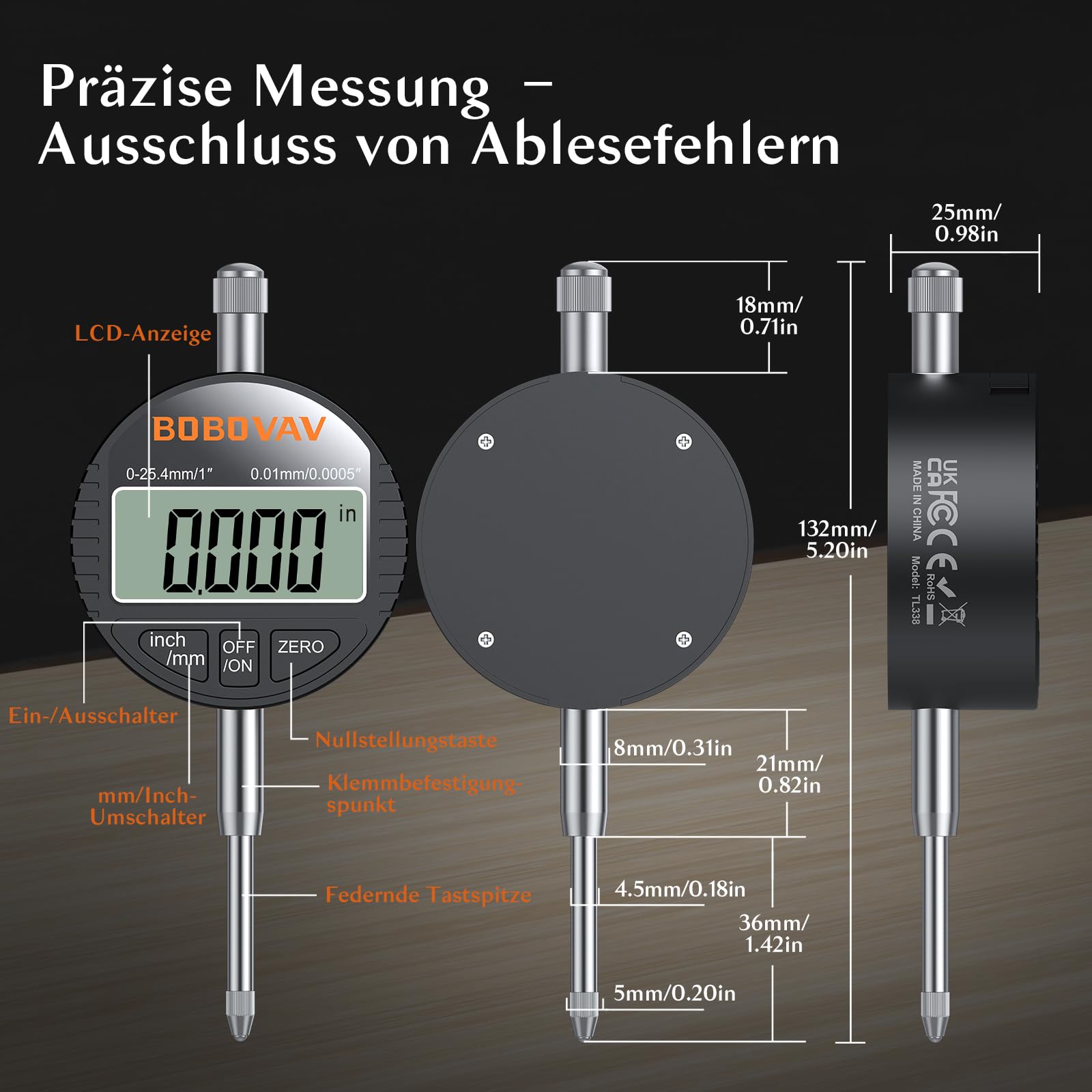 Digital Messuhr-Set mit Magnetfuß 0-25,4 mm, Auflösung 0,01 mm, mm/Zoll umschaltbar, 40 kg Haltekraft, flexibler 3-Gelenk-Arm Messwerkzeug– Für Labor Drehmaschinen, Fräsmaschinen & Werkstatt