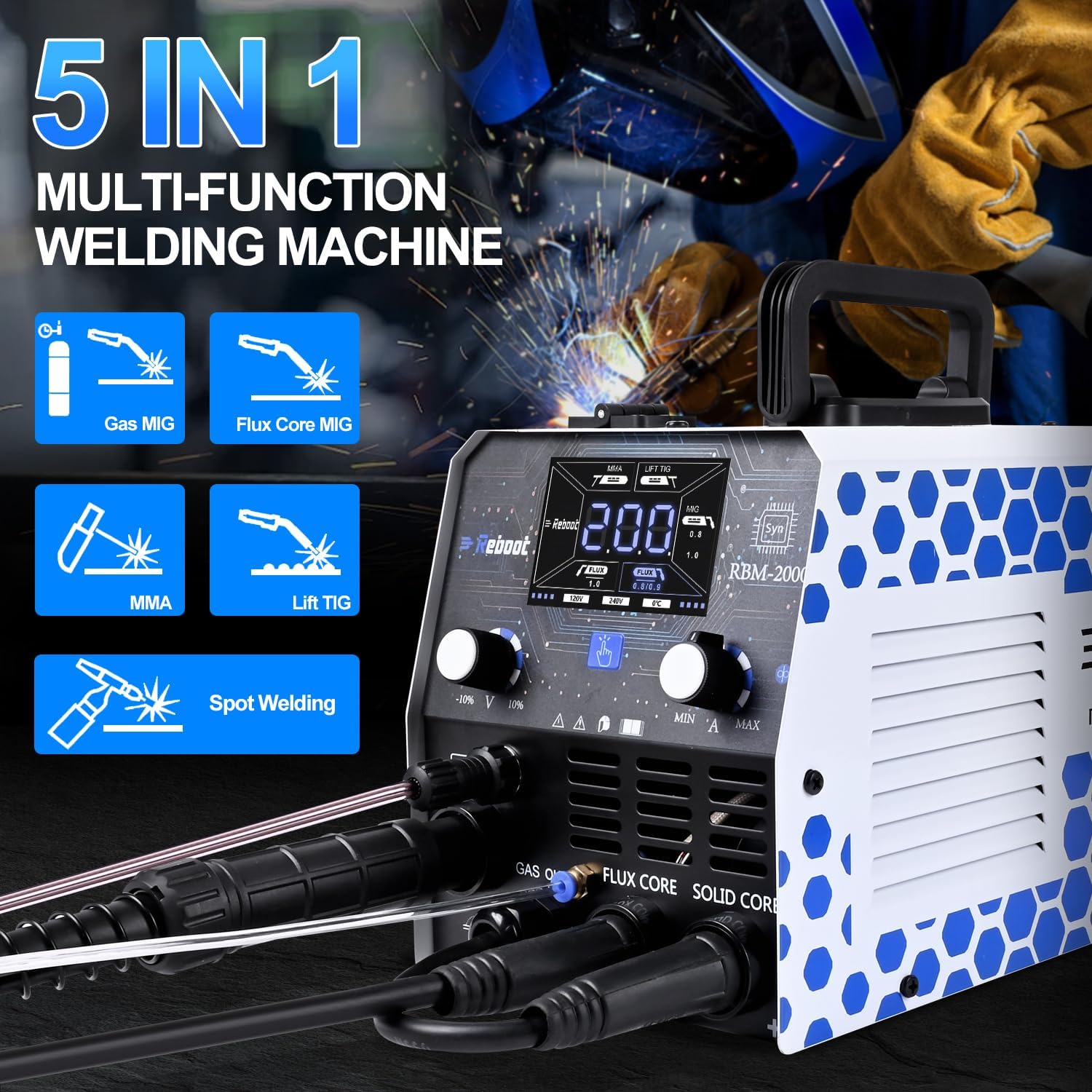 Reboot RBM-2000-42UK Welder showing 5-in-1 multi-function capabilities