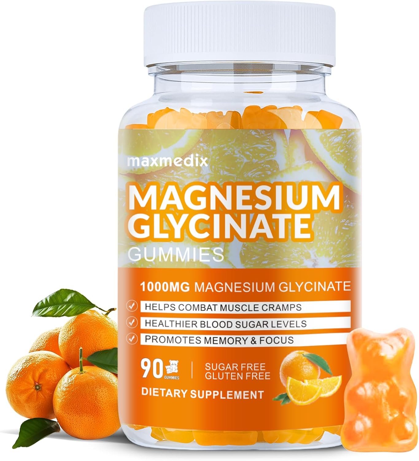 Magnesium Glycinate Gummies 1000mg, Sugar Free Magnesium Potassium Supplements Chewable for Adults with L-Threonate for Sleep, Body Support and Relaxation,90 Orange Gummies